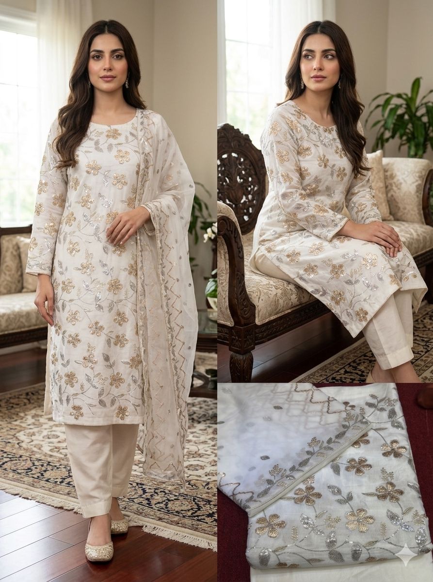 Rawsilk Embroidered 3 Piece Suit with Pure Shafoon Dupatta (Unstitched)