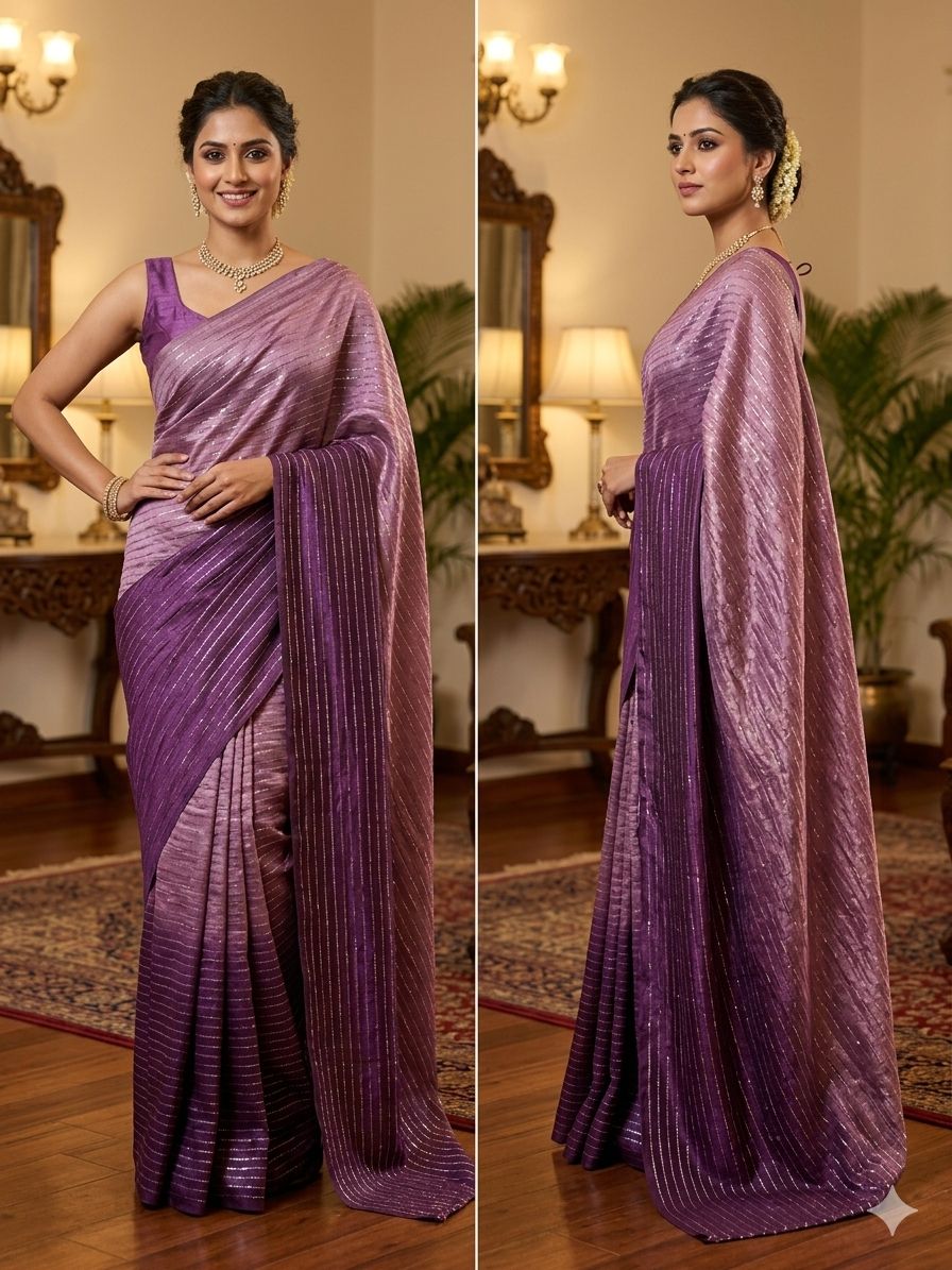 Korean Shehsa Silk Stone Double Shade 7 Gaz Saree Fabric