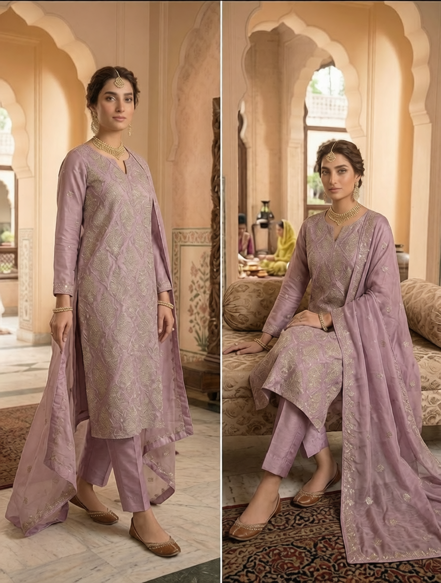 Orgainza Shirt With Pure Silk Dupatta Gotta Embroidered Work 3 Piece With Plain Trouser