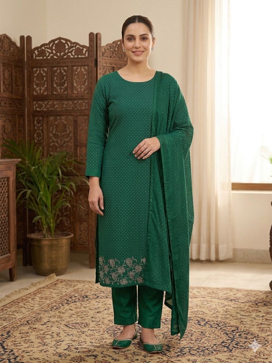 Korean Shesha Silk Silver Stone Work 3 Piece Suit (Unstitched)
