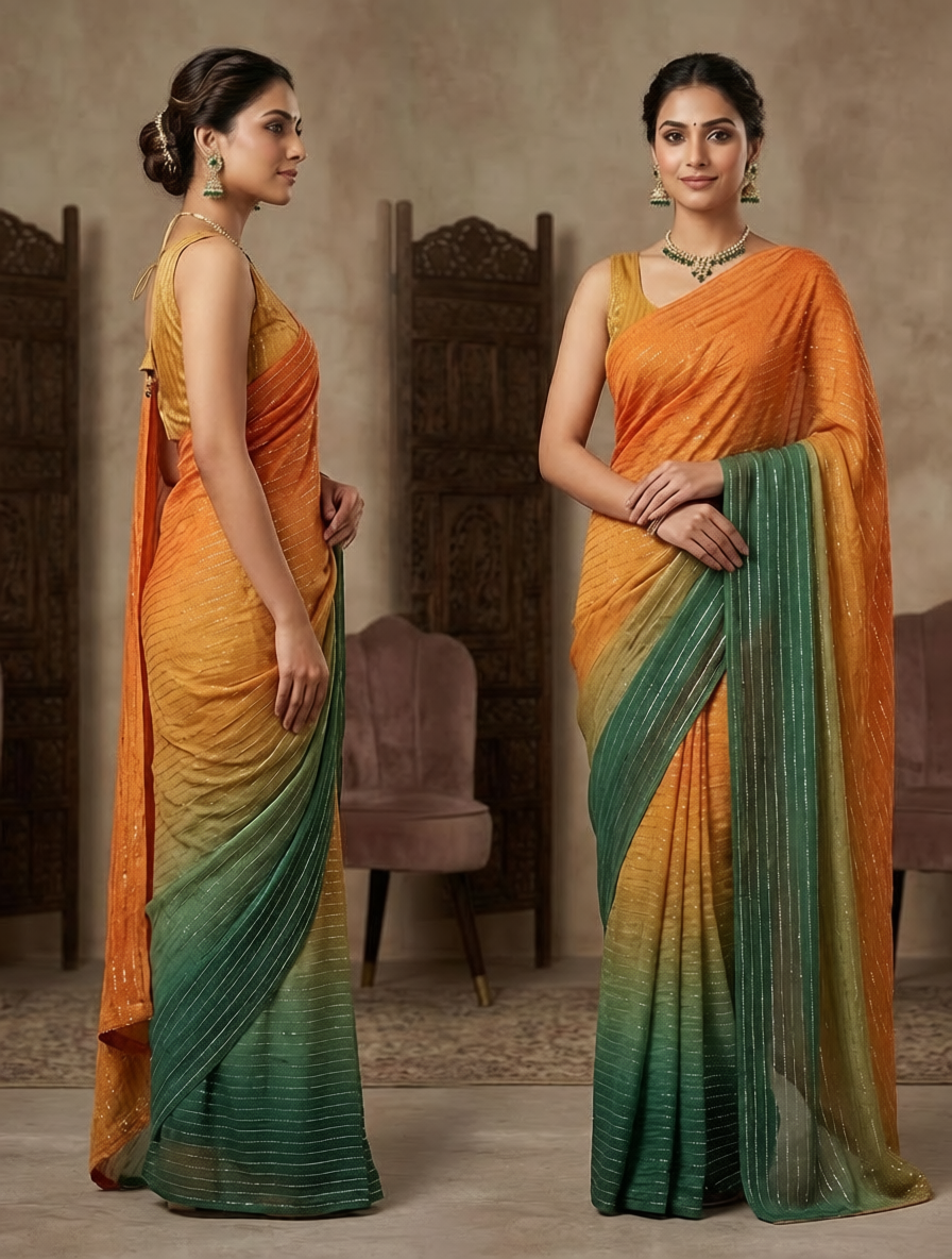 Korean Shehsaill Stone Double Shade 7 Gaz Saree Fabric