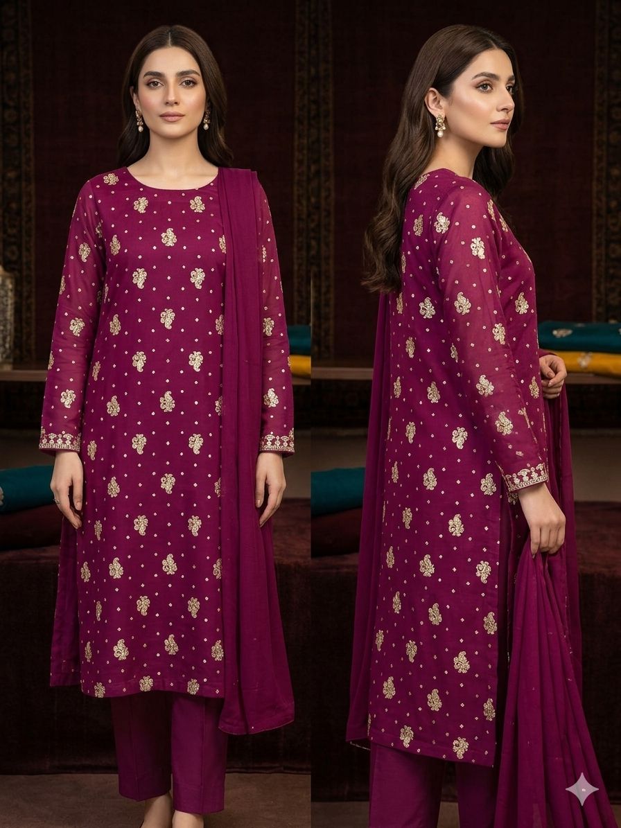 Pk Rawsilk Embroidered 3 piece Suit Unstitched