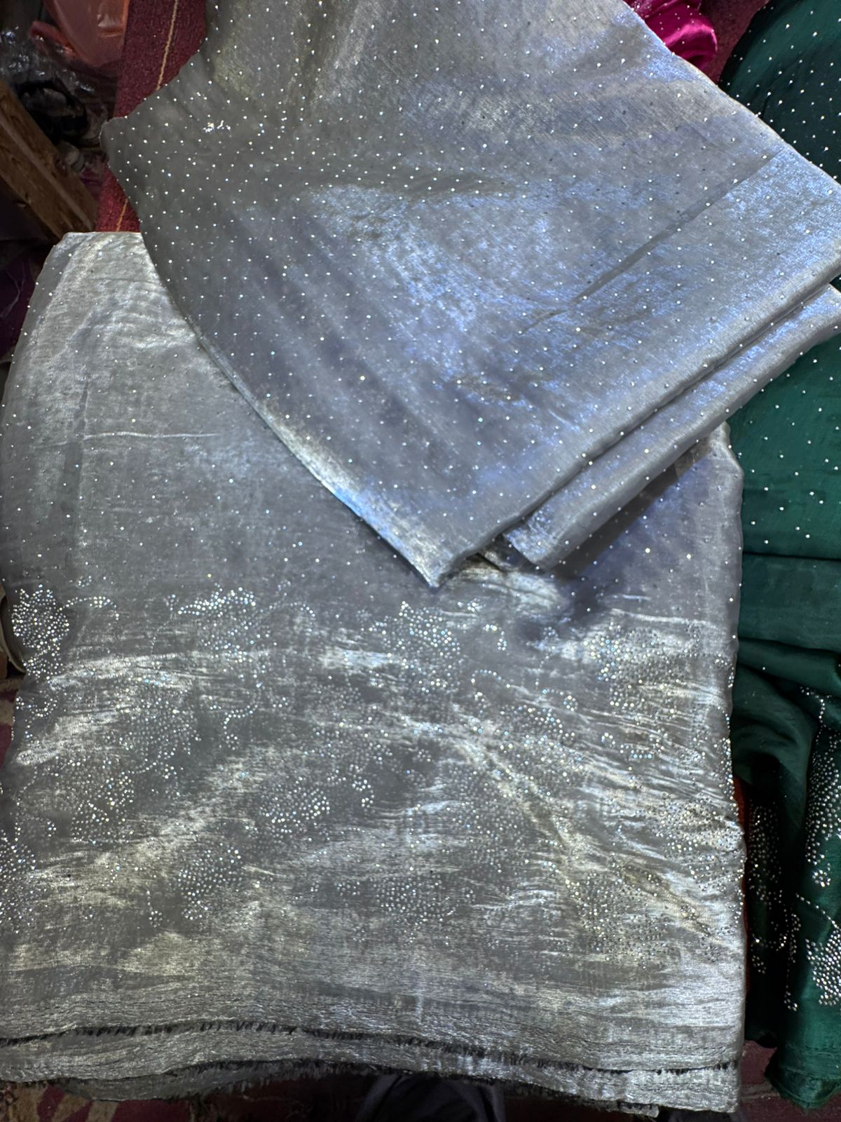 Korean Shesha Silk Silver Stone Work 3 Piece Suit (Unstitched)