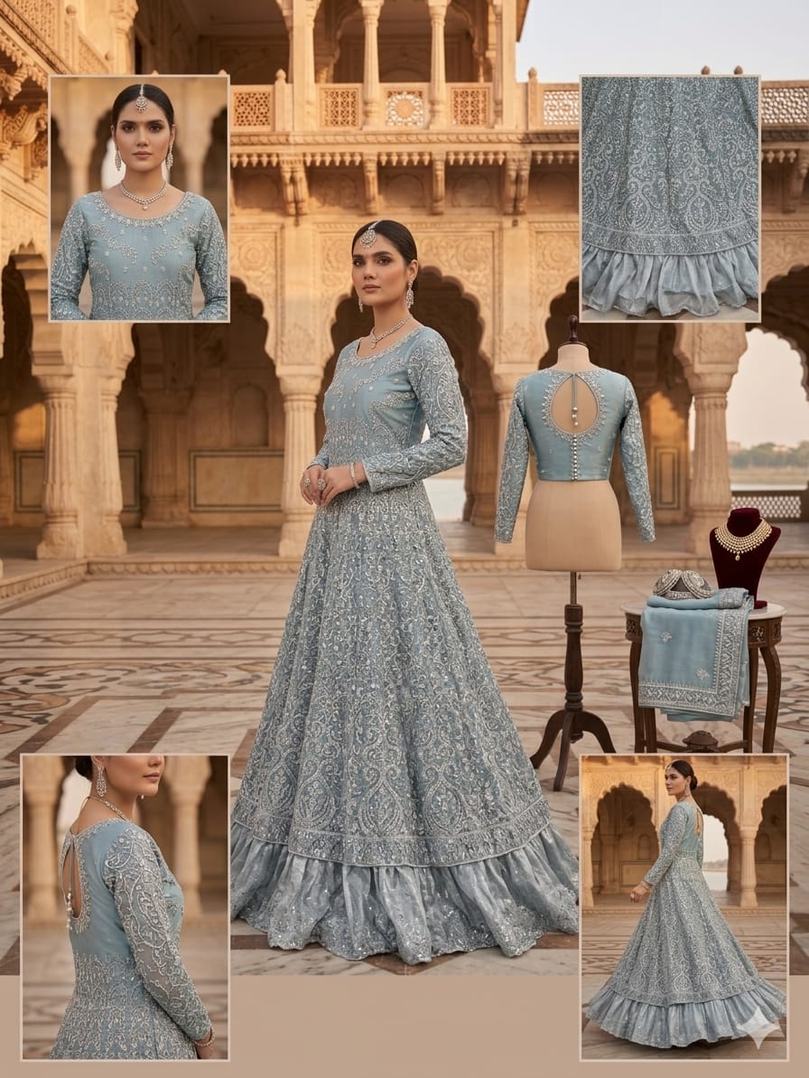 Bridal. Walima maxi full gair with bnarsi flare and back tail semi stitched