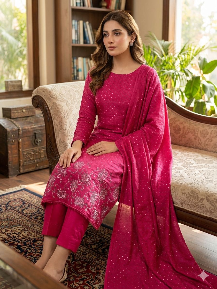 Korean Shesha Silk Silver Stone Work 3 Piece Suit (Unstitched)