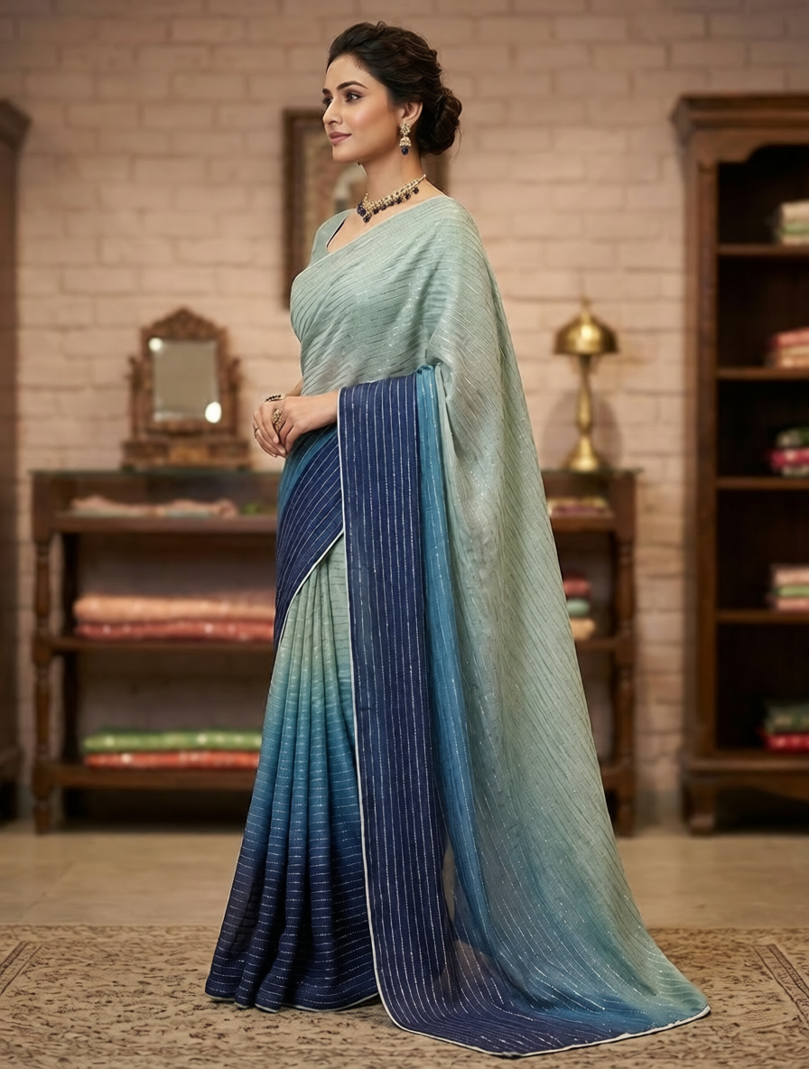 Korean Shehsaill Stone Double Shade 7 Gaz Saree Fabric