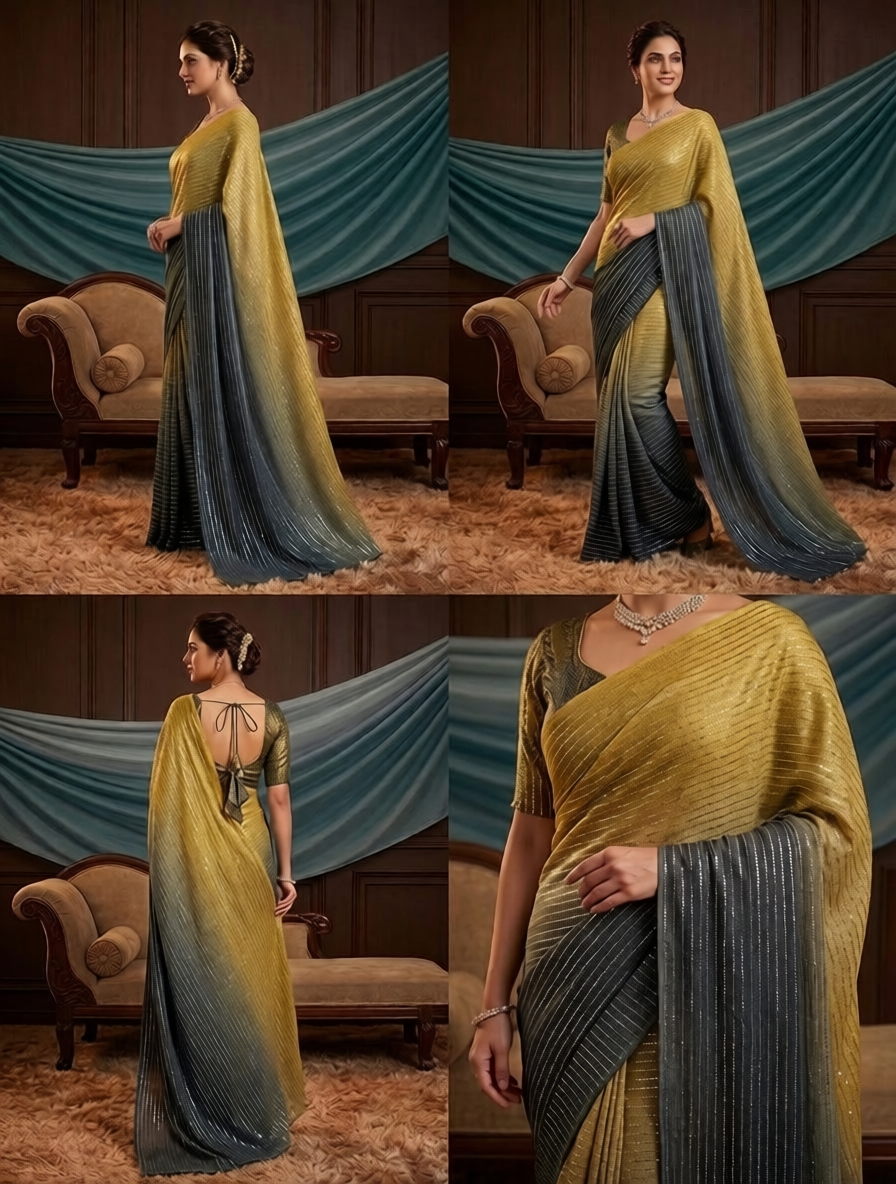 Korean Shehsaill Stone Double Shade 7 Gaz Saree Fabric