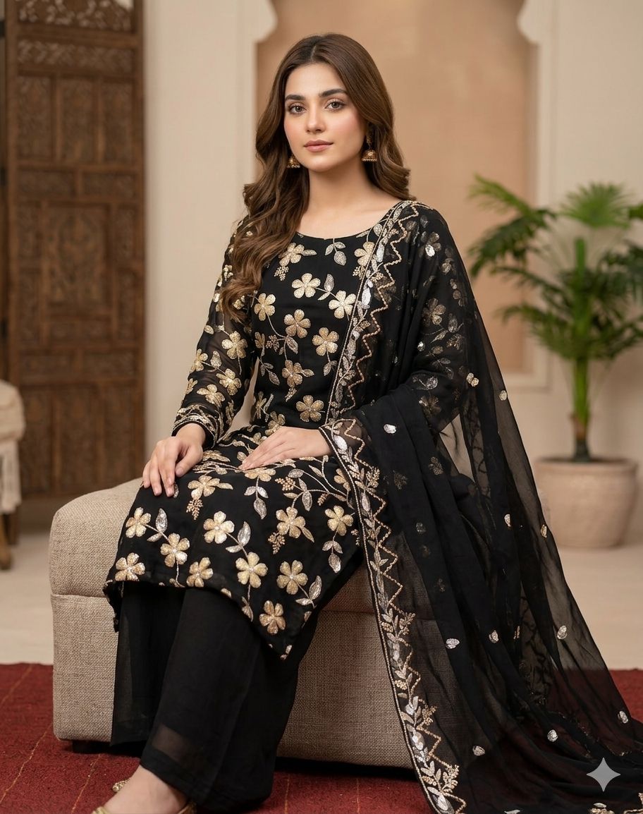 Rawsilk Embroidered 3 Piece Suit with Pure Shafoon Dupatta (Unstitched)