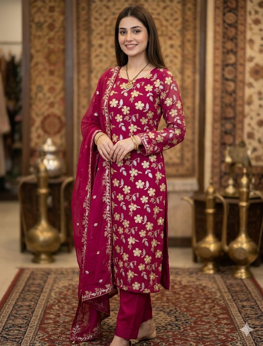 Rawsilk Embroidered 3 Piece Suit with Pure Shafoon Dupatta (Unstitched)