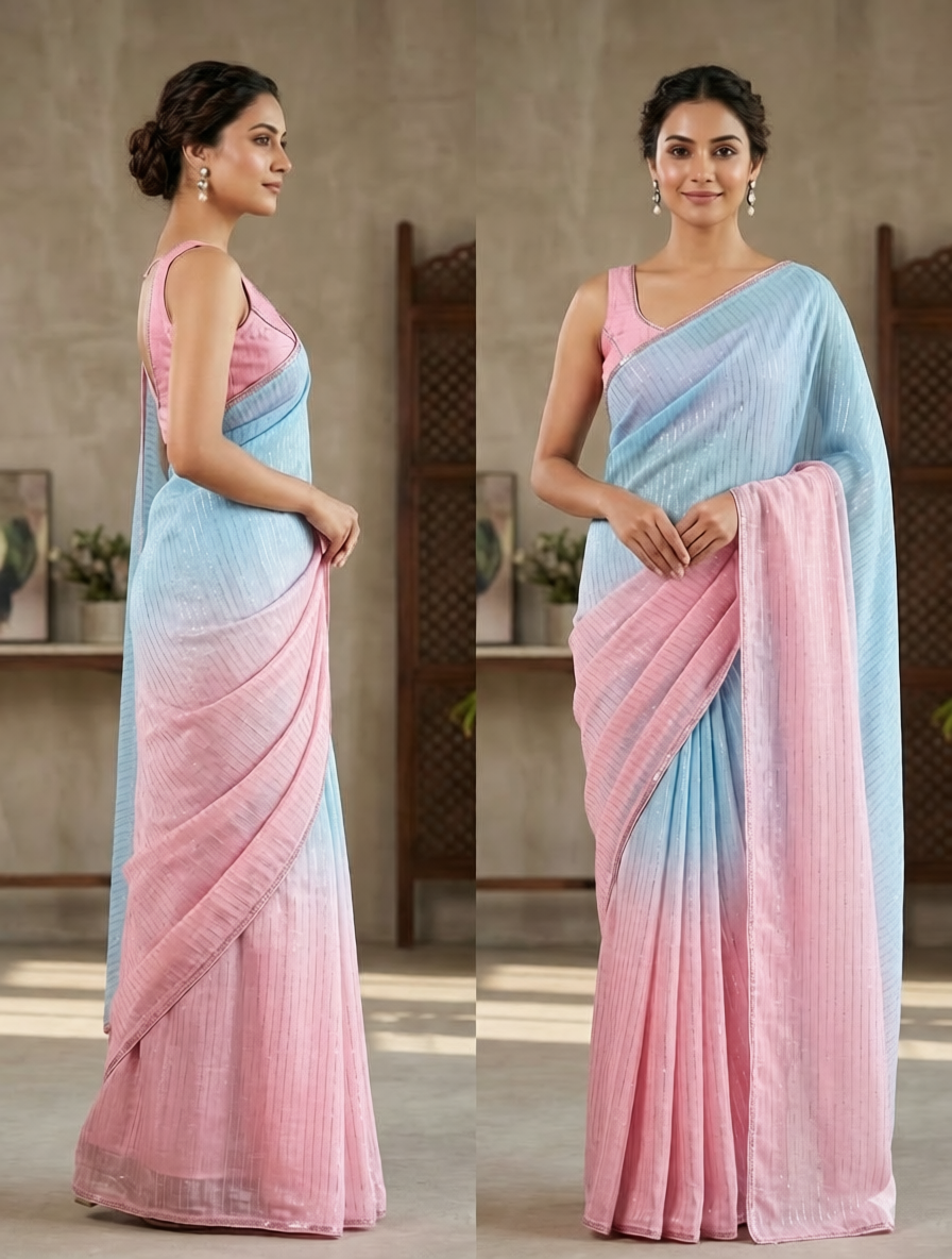 Korean Shehsaill Stone Double Shade 7 Gaz Saree Fabric