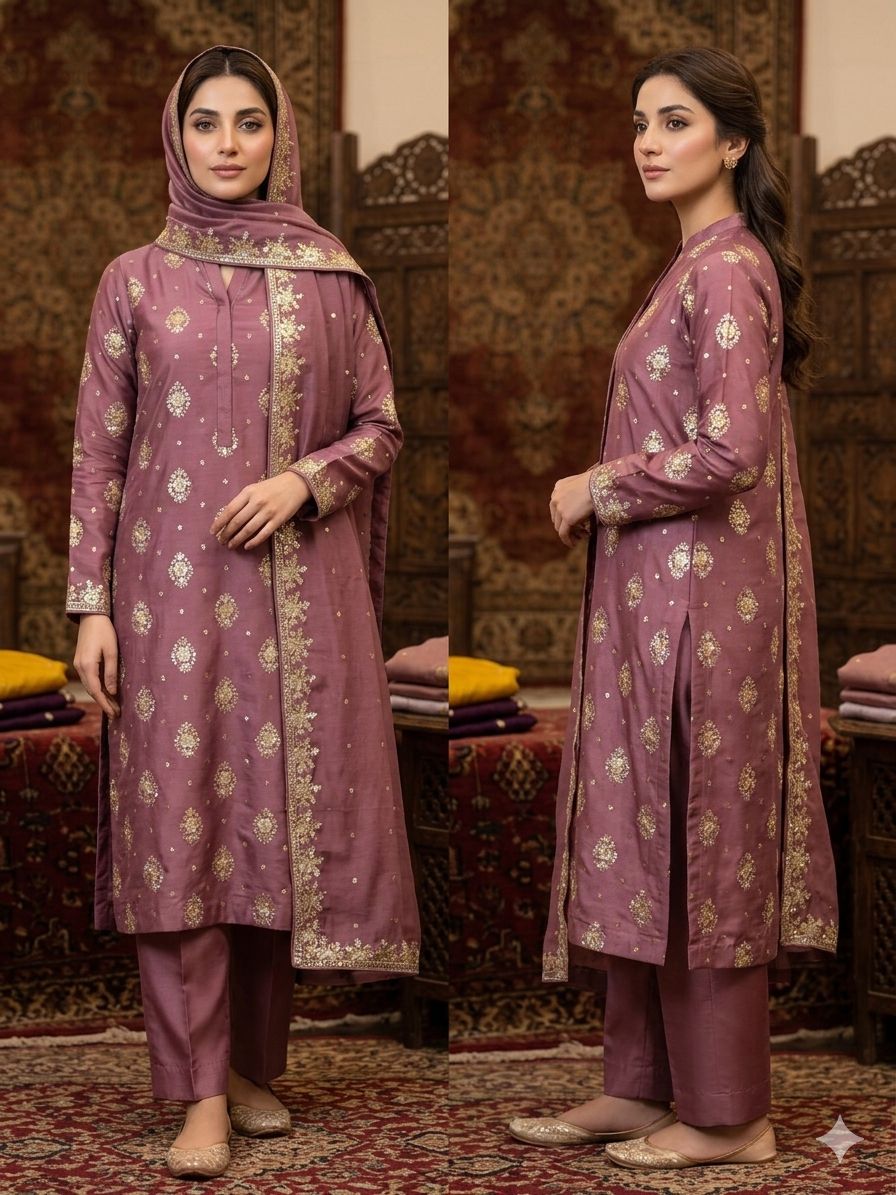 Pk Rawsilk Embroidered 3 Piece Suit Unstiched