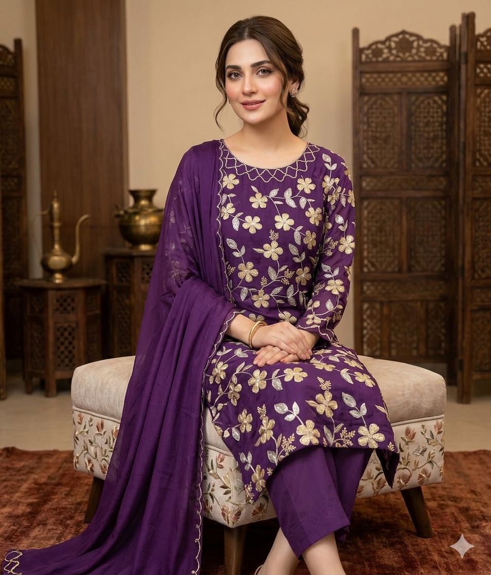 Rawsilk Embroidered 3 Piece Suit with Pure Shafoon Dupatta (Unstitched)